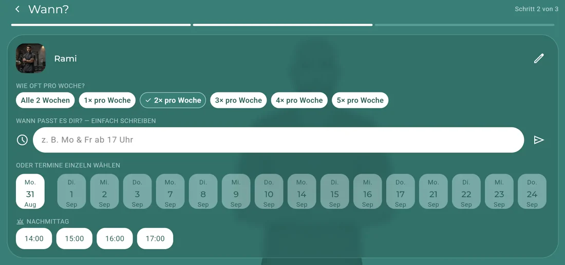 Online-Buchung: Häufigkeit pro Woche, Wunschzeit als Text und freie Termine zur Auswahl